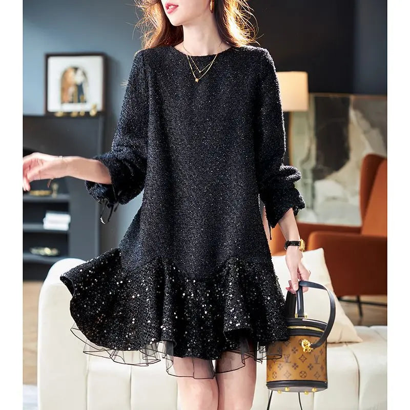 Autumn New Fashion Office Lady Mini Dress Elegant O-Neck Lantern Sleeve High Waist Sequined Lace Slim A-Line Party