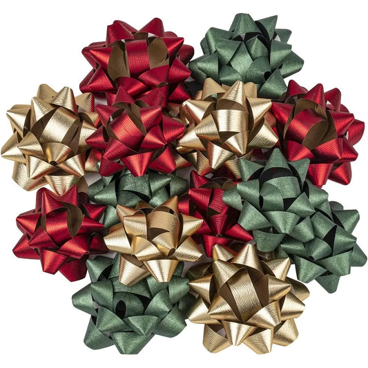 Paper Gift Bow Assortment in Red Green and Gold Solid Color Pattern Perfect for Birthday Celebrations Christmas Decorations Hol