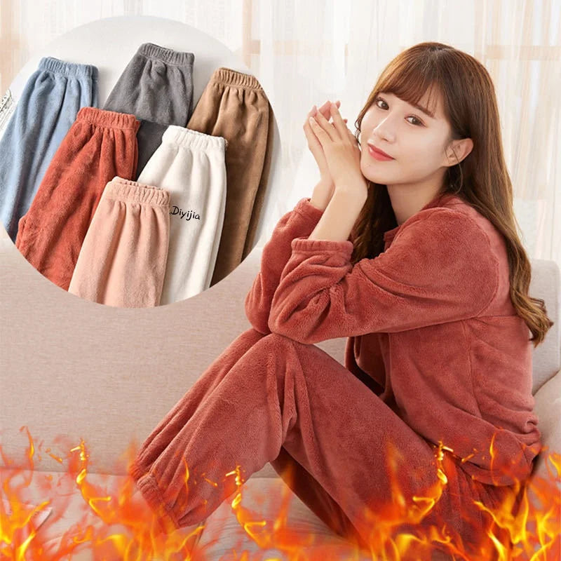 Warm Coral Fleece Pants Set Women's Loose Comfortable Home Wear Outerwear Versatile Lazy Girl Style Long Sleeve Cartoon Print