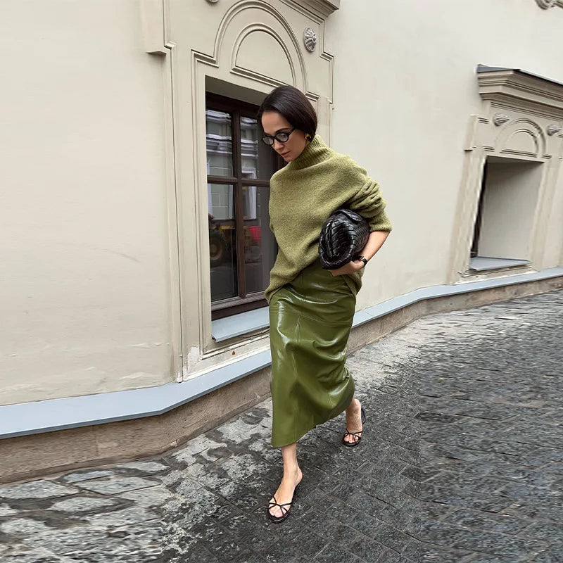 Street Green Leather Jacket Skirt Sets Women Stand Collar Zipper Pleated Coat Spliced Long Skirts Outfits