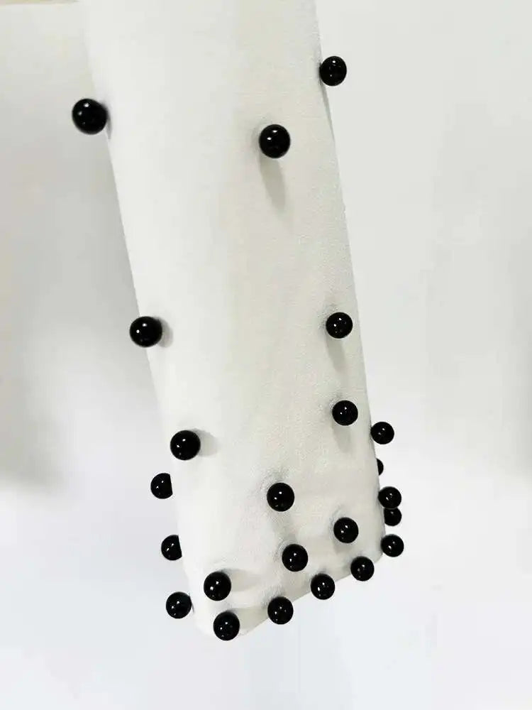 [Women's Beaded Design 2 Pcs Set Stand Collar High Waist Long Sleeve Sets Female Autumn