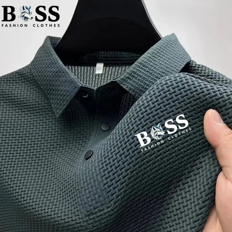 2025 Men's Casual Luxury Trend Ice Silk Quick-Dry Collarless Short-Sleeved Polo Shirt - Summer High-Quality Comfortable Breathab