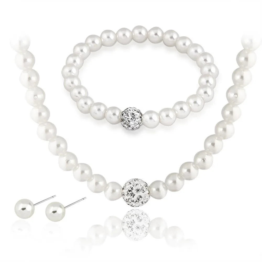 Set 3pcs Classic Trendy Pearl Crystal Necklace Bracelet Earring for Women Luxury Wedding Bride Set Jewelry Gifts