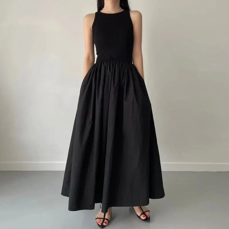 Simple Elegant Black Long Dresses For Women Round Neck Sleeveless