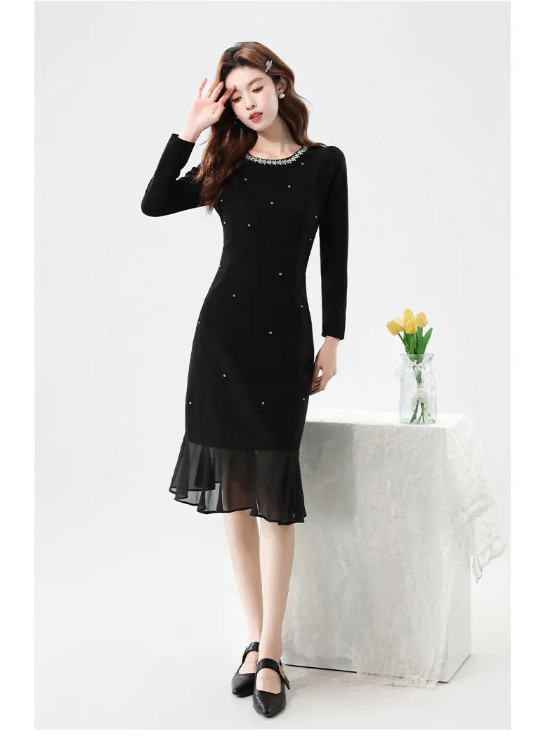 Fall Fashion Heavy Duty Rhinestone Splice Slimming Chiffon Mermaid Dress