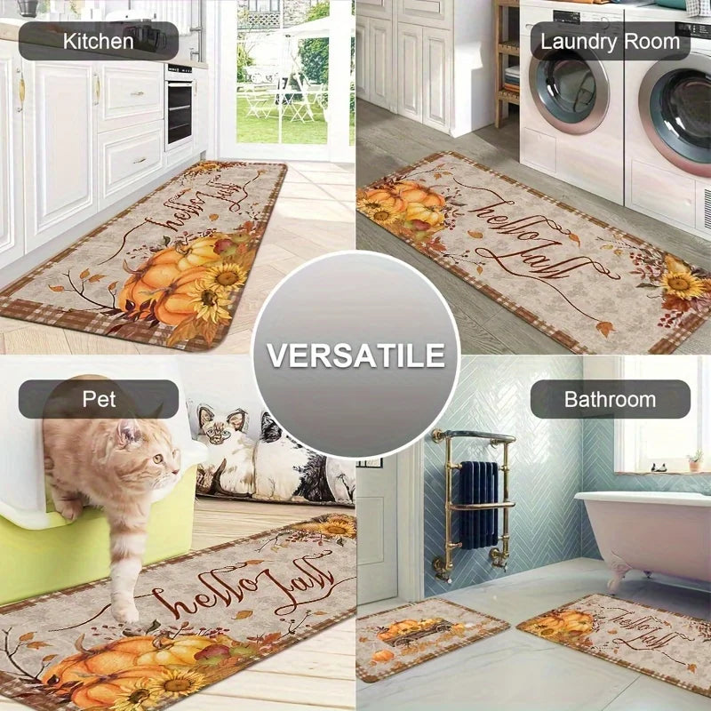 Thanksgiving Kitchen Mat , Autumn Pumpkin Sunflower Maple Leaf Non-Slip Holiday Decor Rug for Home Party Decor