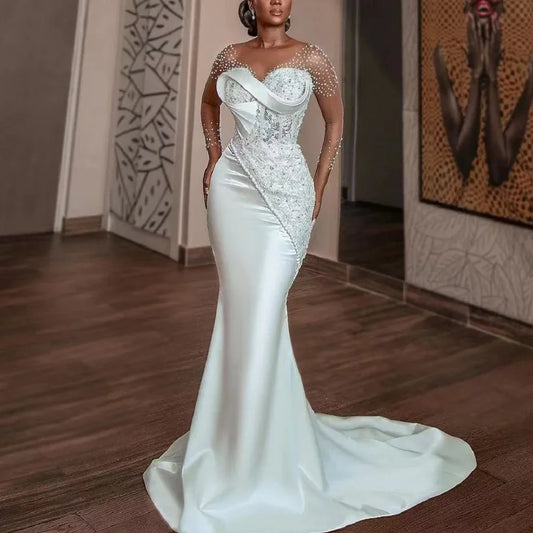 On Zhu Customized Luxury Beads Lace Wedding Dresses Sheer Long Sleeves Mermaid V Neck Sweep Train Civil Wedding Dress for Bride