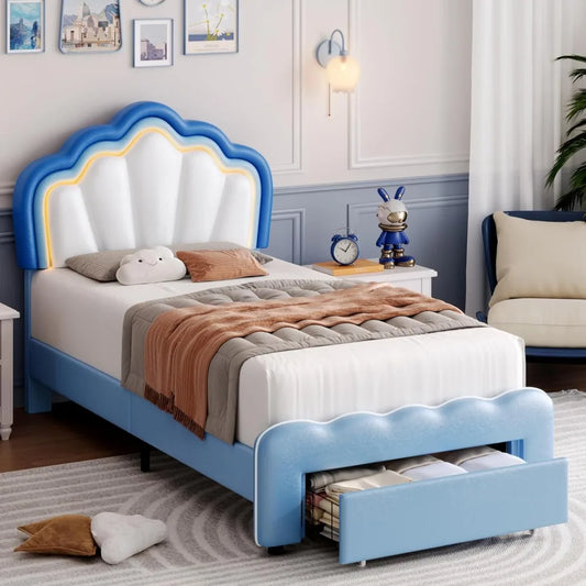 HOSTACK Twin Upholstered LED Bed Frame with Storage Drawers, Cute Boys Bed with Adjustable Lotus Headboard, Faux Leather Platfor