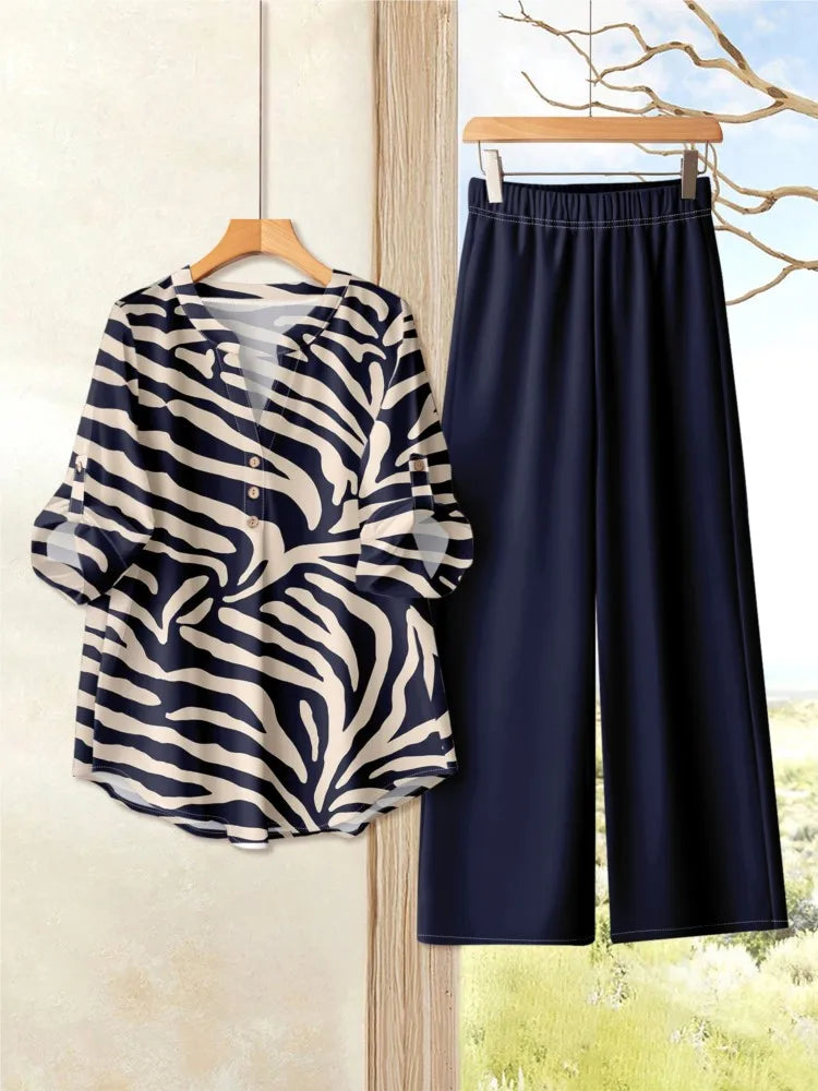 V Neck Button Elegant Loose Office Party 2 Pieces Set For Woman