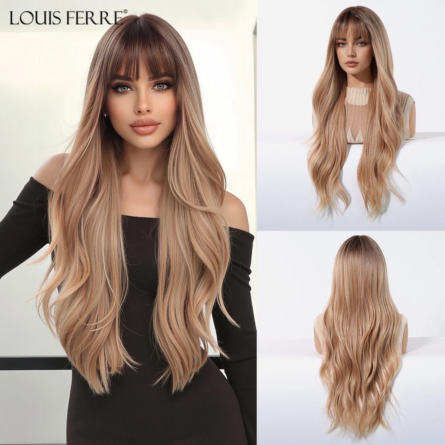 LOUIS FERRE Brown Blonde Highlights Wigs For Women Daily Long Wavy Curly Synthetic Wigs Natural Heat Resistant Hair With Bangs