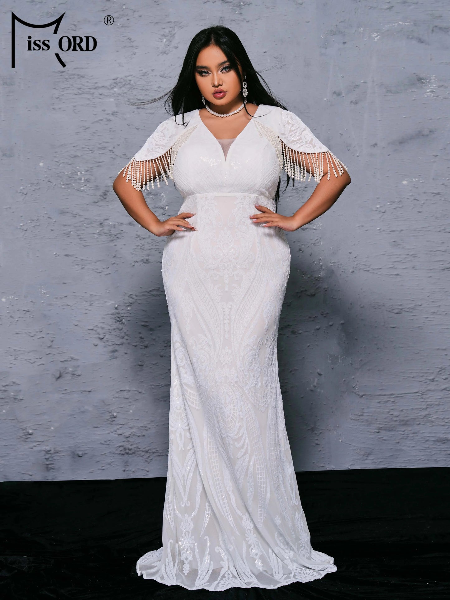 Missord Plus Size 4XL Formal Occasion Dresses V Neck Tassel Mermaid Evening Wedding Birthday Party Prom Dress