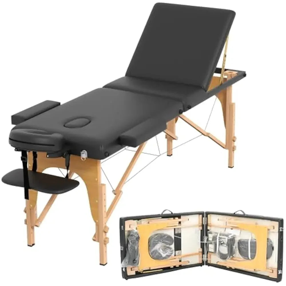 Massage Table, Portable 2 Section Foldable Tattoo Beds, Height Adjustable Light Weight Facial Salon Bed w/Face Cradle&Wood Frame