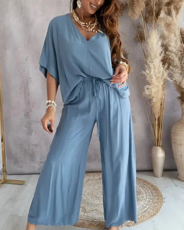 Casual Loose Two Piece Set Women Fashion V-neck Pants Sets Women Elegant Batwing Sleeve Homewear Outfits 2 Piece Sets