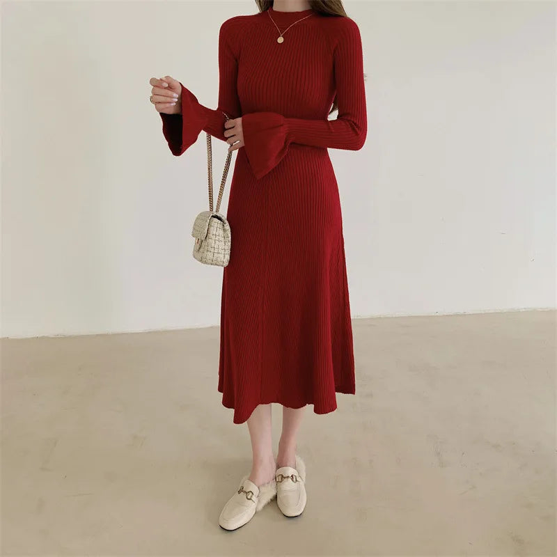 Elegant V-Neck Knitted Dress Slimming Long Skirt High Waist Bell Sleeve Unique Design Autumn Winter Women's Fashion Dress