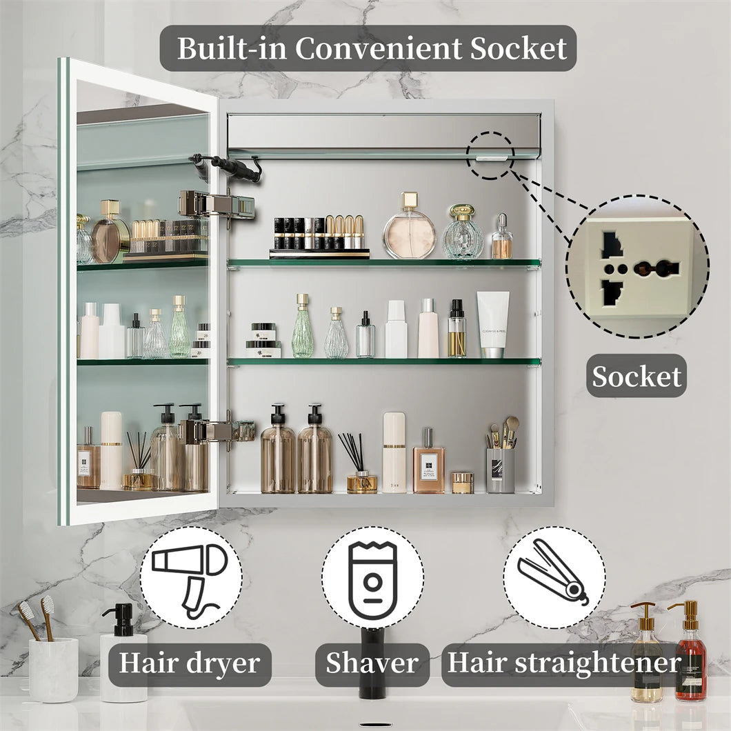 Bathroom Cabinet with Mirror Rectangle LED Lighted Mirror Wall Bathroom Medicine Cabinet w/ Bluetooth Speaker Aluminum Frame