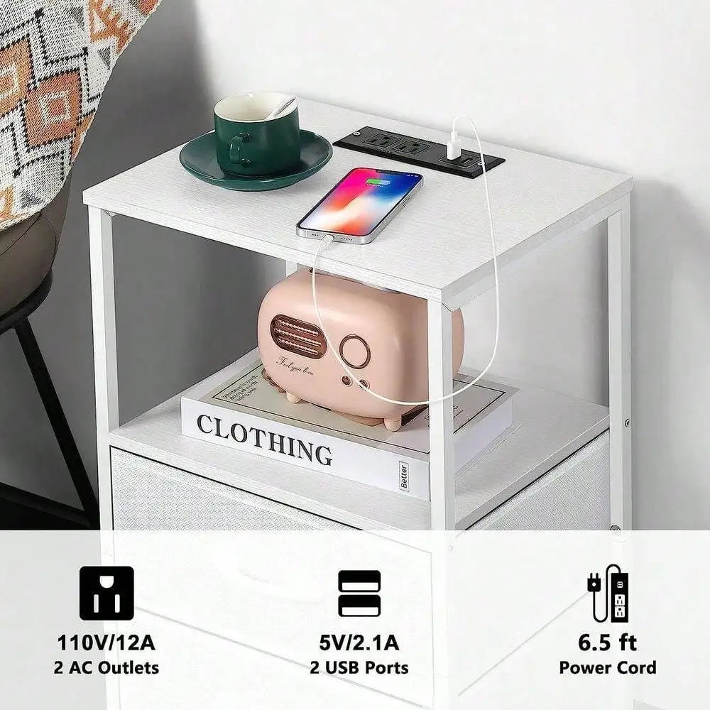 Bedroom Nightstand Set of 2 White End Table w/ Fabric Drawers & Charging Station