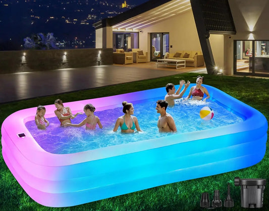 Inflatable Pool with Lights, 130"x72"x22" Solar Inflatable Swimming Pool with Air Pump for Kids, Adults, Family, 7 Color Large B