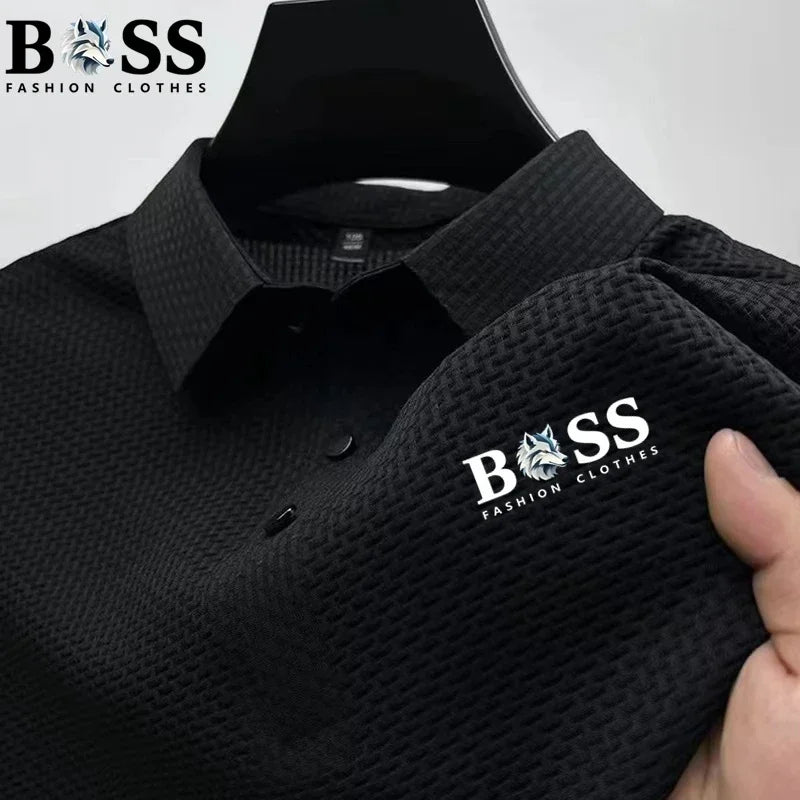 2025 Men's Casual Luxury Trend Ice Silk Quick-Dry Collarless Short-Sleeved Polo Shirt - Summer High-Quality Comfortable Breathab