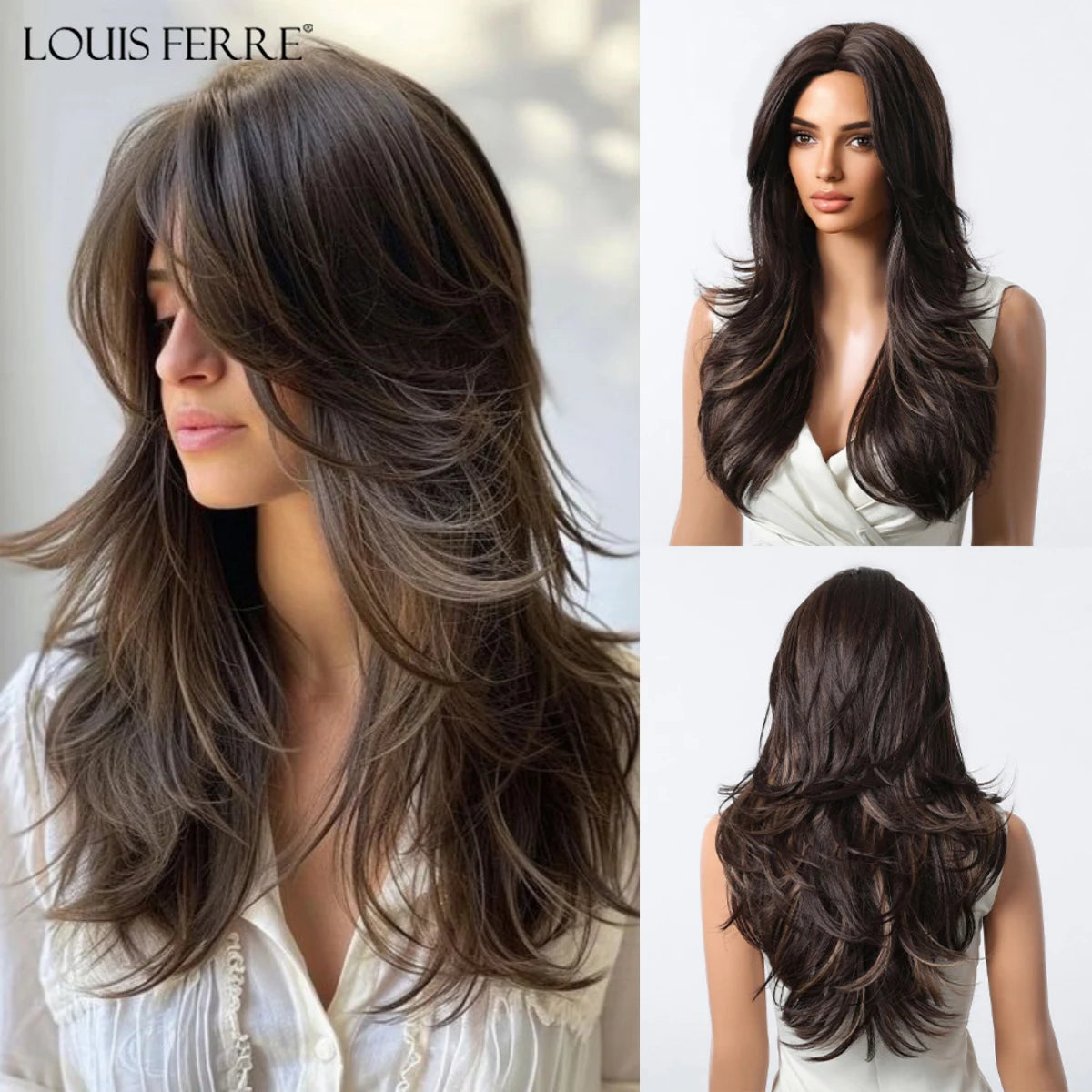 LOUIS FERRE Brown Blonde Highlights Wigs For Women Daily Long Wavy Curly Synthetic Wigs Natural Heat Resistant Hair With Bangs