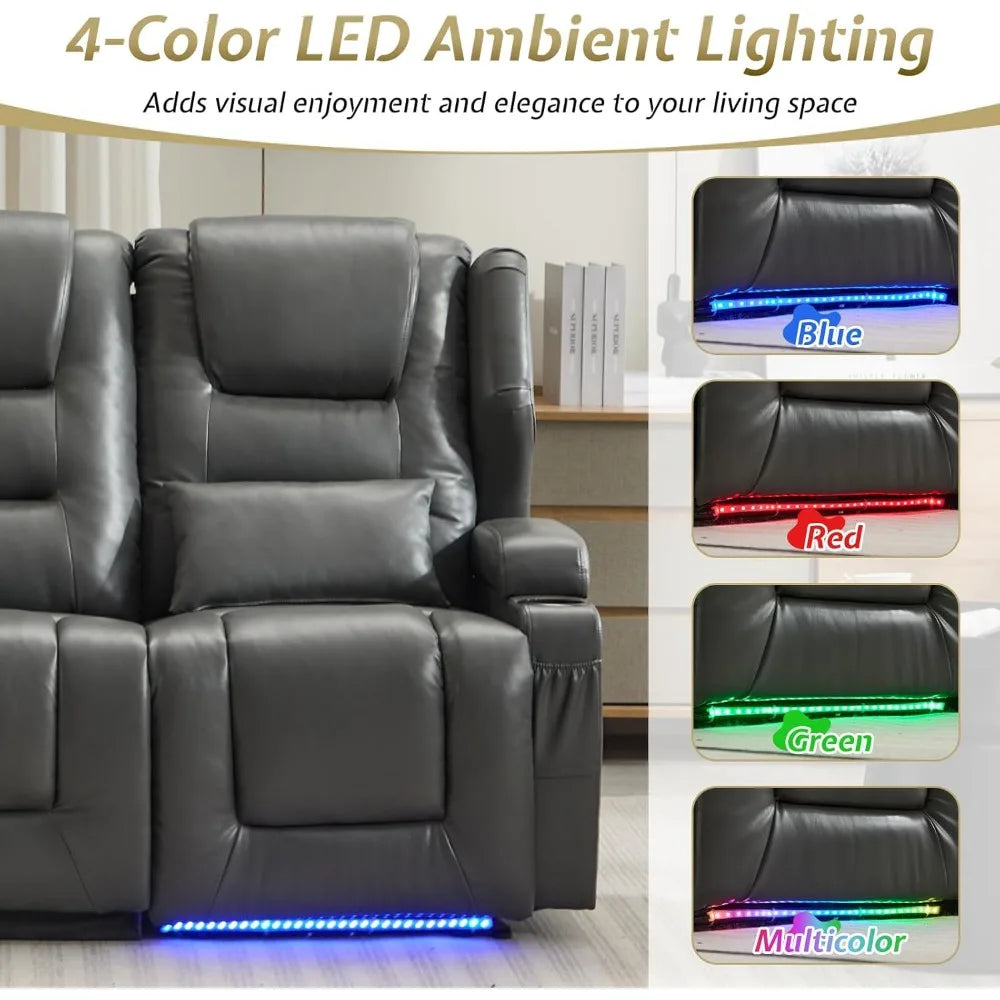 Loveseat Recliner Sofa with Power Recline, Adjustable Split Back, Multi-Port Charger, Flip-Up Backrest & LED Lighting – Home Th