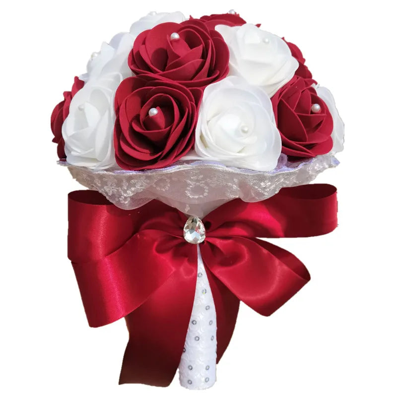 YO CHO Bridal Wedding Bouquet Artificial PE Rose Flower Fake Pearl Bouquet Blue Bridesmaid Marriage Wedding Supplies Decorations