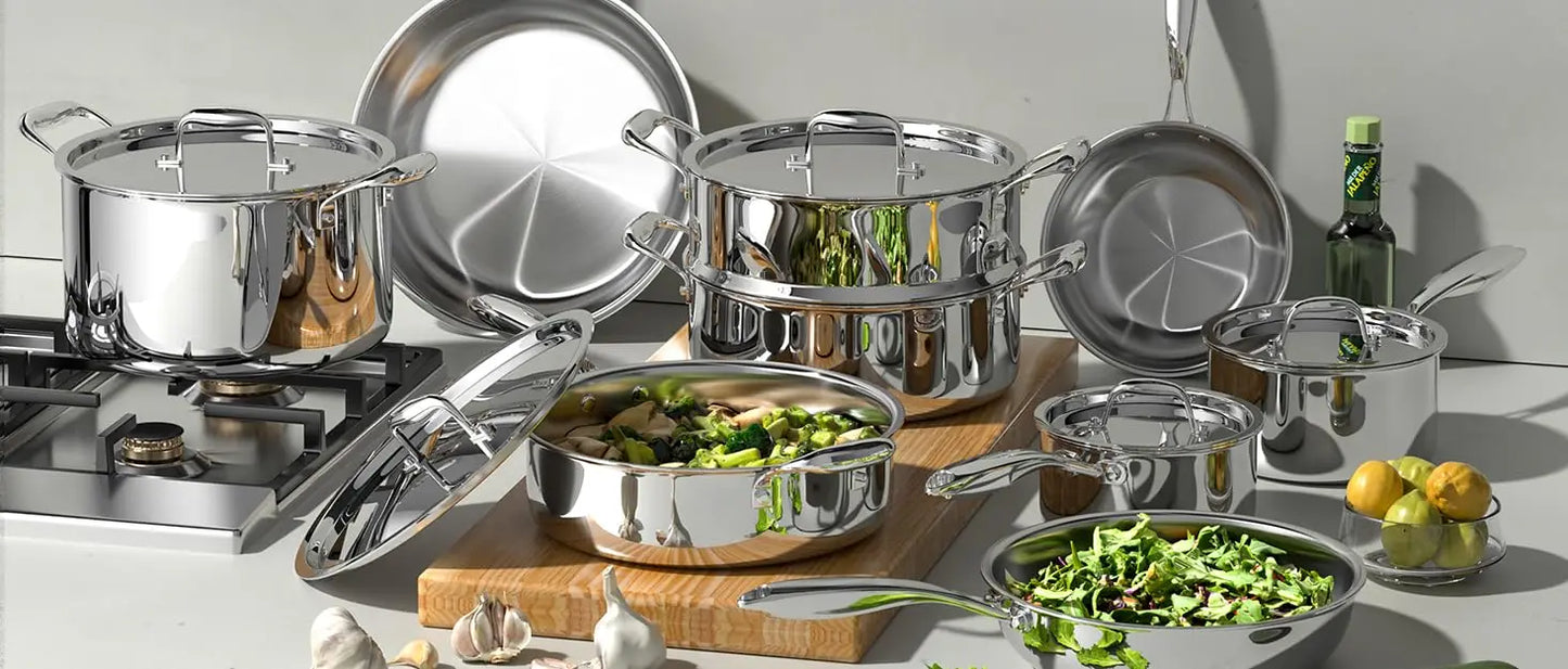Stainless Steel Cookware Set, 5 Ply 14 Piece Stainless Steel Pot and Pan Set-Induction, Heavy Chef Quality, Oven Safe | Professi