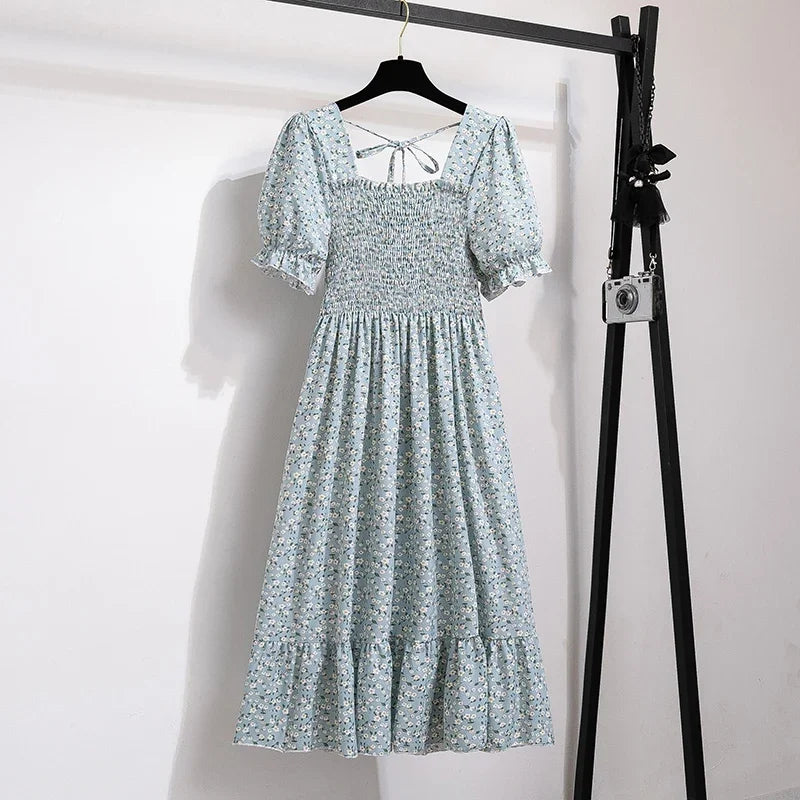 Spring Summer Chiffon Dresses Fashion Female Elastic Waist Short Sleeve Pleated Casual Dress Women A-line Dresses