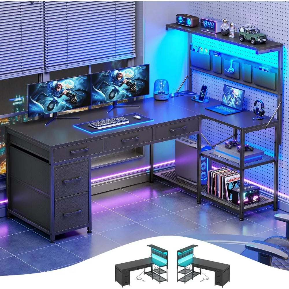 L Shaped Gaming Desk with 5 Drawers and Storage Shelves, Reversible Computer Desk with Bookshelf for Home Office