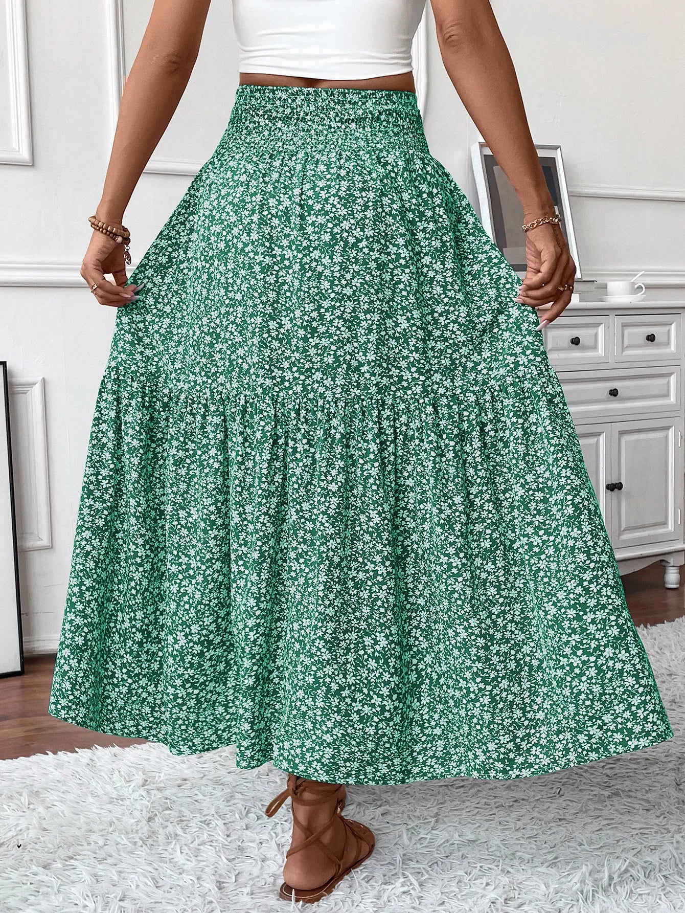 Women New Classic Printed Skirt Retro High Waist Long Skirt Casual Stylish Loose Beach Skirt Elegant Ladies Floral Pleated Skirt