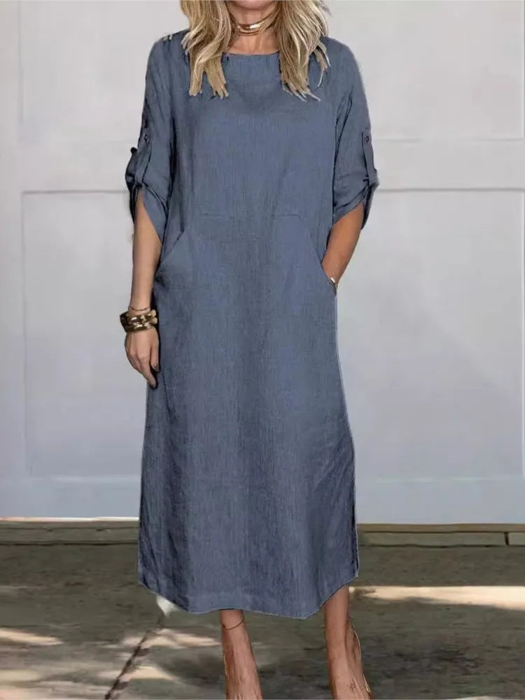 New Women's Clothing  Loose Casual Solid Color Short Sleeved Cotton Linen Fashionable Button With Pocket Dress