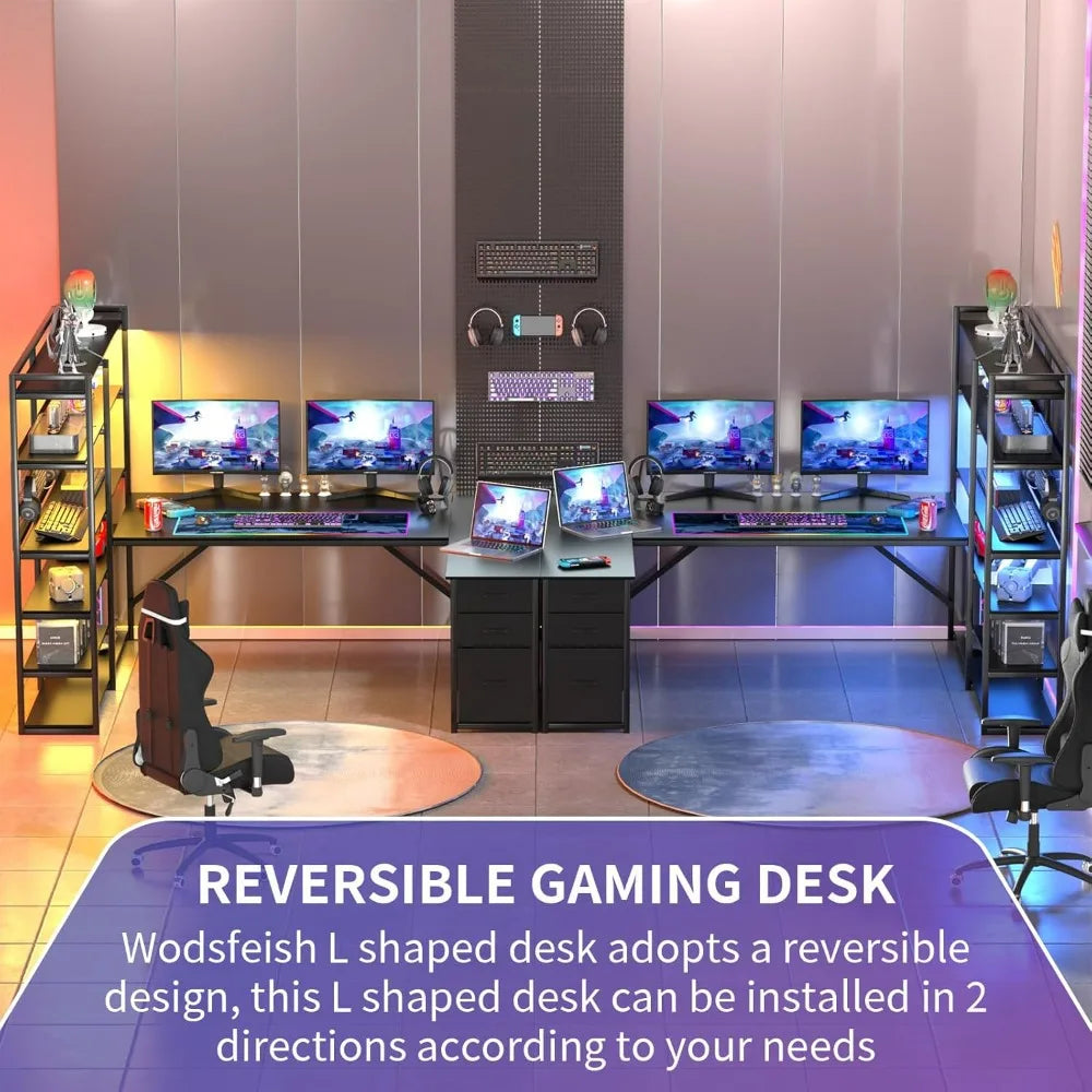 L Shaped Desk with Drawers,64.5" U Shaped Corner Computer Desk with Shelves,Storage,Large Gaming Desk with LED Lights,File Cabin