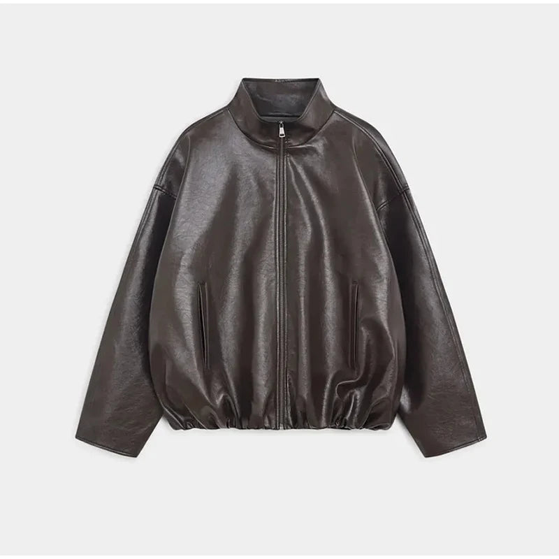 Street Green Leather Jacket Skirt Sets Women Stand Collar Zipper Pleated Coat Spliced Long Skirts Outfits