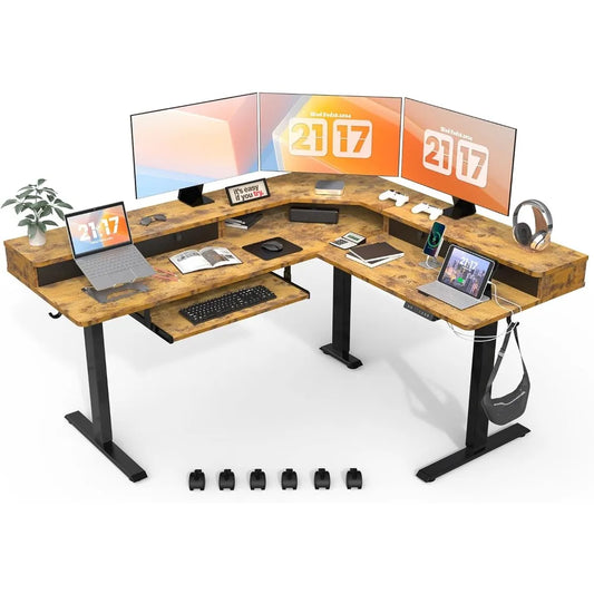 L Shaped Standing Desk with USB Charging Port & 4 Drawers,63 x 55 inch Electric Adjustable Height Corner Stand Up Desk with Keyb