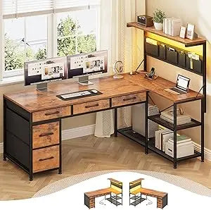 L Shaped Gaming Desk with 5 Drawers and Storage Shelves, Reversible Computer Desk with Bookshelf for Home Office
