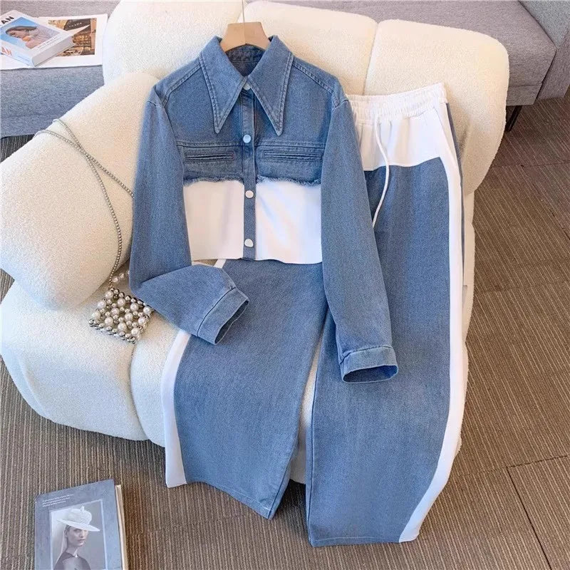 Two Piece Sets Women Pant Set Denim Splice Matching