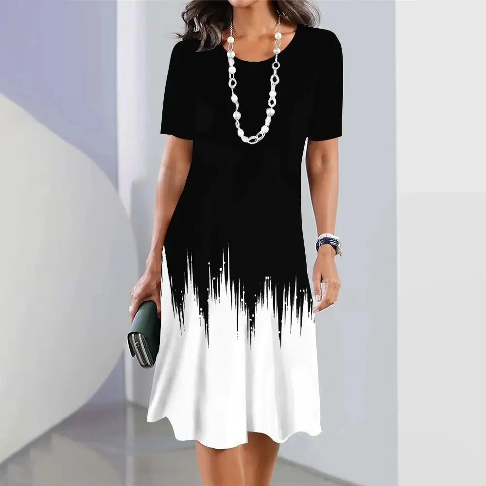 New Women's Dresses Striped Printed Elegant Casual O Neck Short Sleeve  Dresses Fashion Ladies Plus Size Clothing