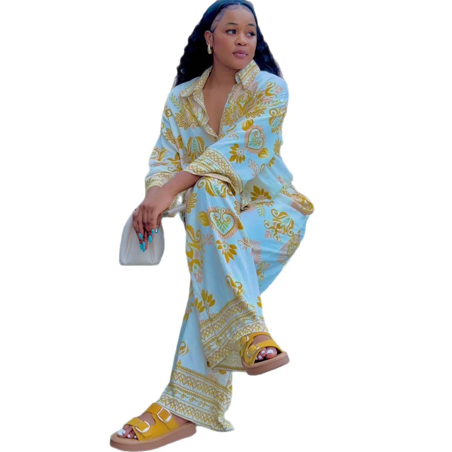Women Two Pieces Pant Sets Printing Matching Sets Long Sleeves Button Turn Down Collar Top Elastic Waist Pants Loose 2025 Summer