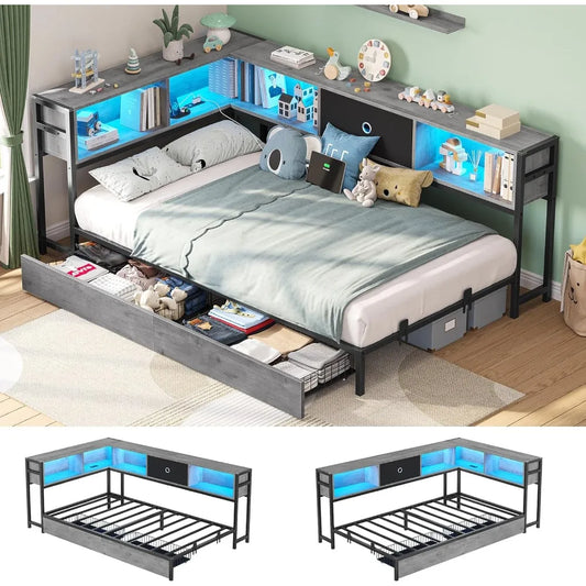 Hasuit Corner Bed Frame with Storage Bookcase, Twin Daybed with Storage Drawers Underneath, Kids Bed Unit with Charging