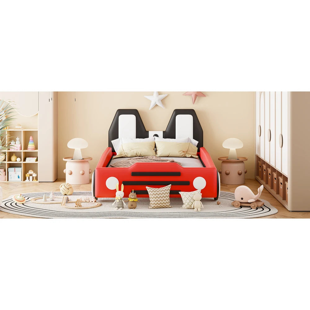 Twin Size Race Car Bed for Kids,PU Car-Shaped Bedframe with Wheels and Side Rails,Wood Slat Support,No Box Spring Needed,Red