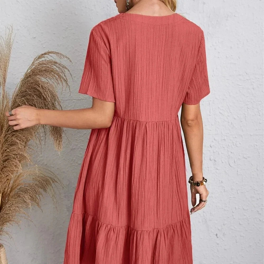 Women  Peplum Dresses Spring V-Neck Short Sleeve Loose Waist Ruffle Fit Flare Vocation Dresses