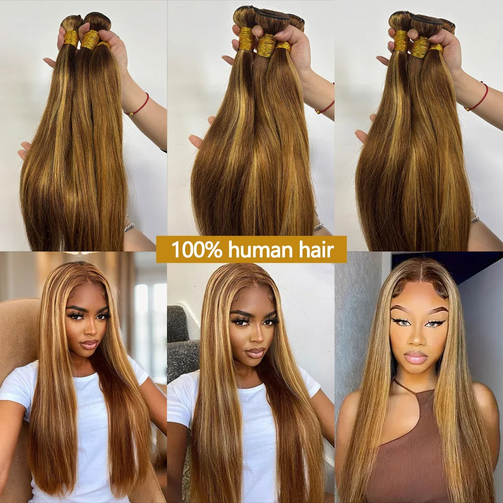 12A Highlight Straight Bundles Human Hair Bundles P4/27 Colored Ombre Honey Blonde Bundles Brazilian Hair Extensions Form Women