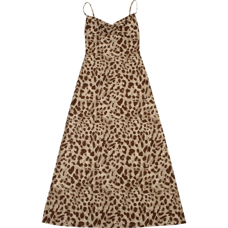 Weird Puss Leopard Print Dress Woman Summer Sexy Swing Collar Spaghetti Straps Backless Ruffles Party Clubwear Skinny