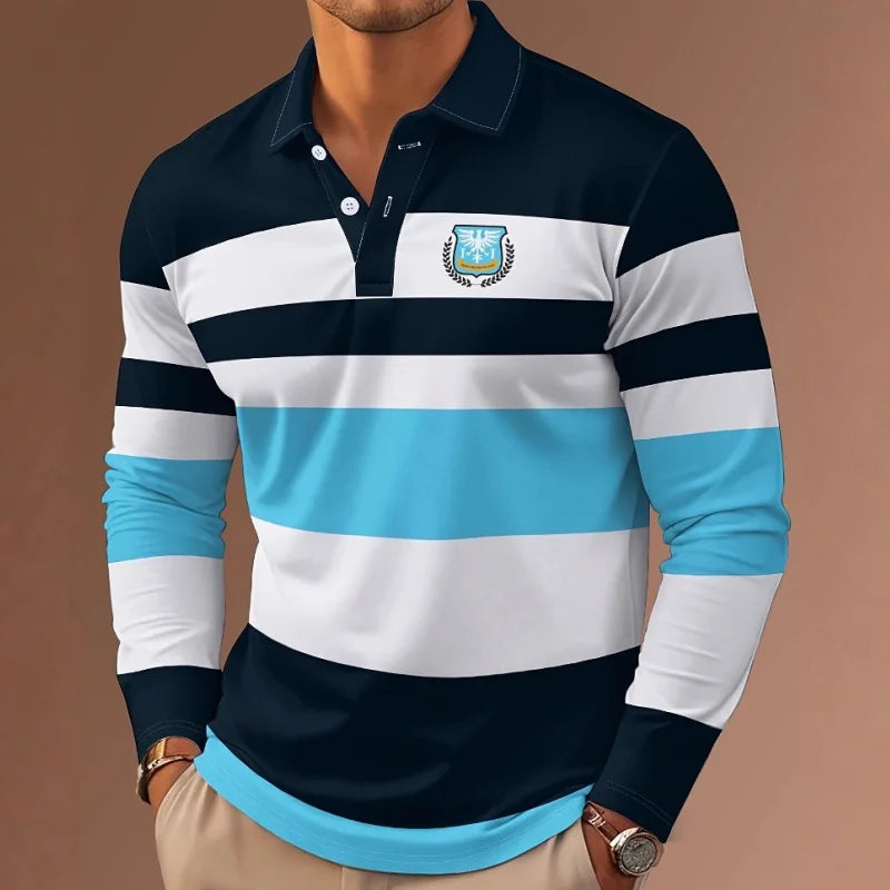 New Classic Stripe Printed Men's Long Sleeve Polo Shirts Autumn Casual Comfortable Fit Button Polo Tops Street Man Pullover