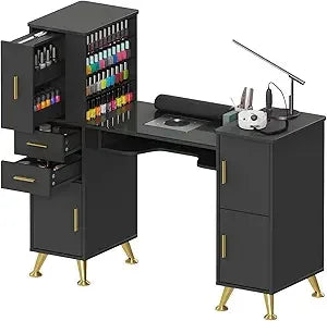 Manicure Table Nail Station w/Glass Top, Dust Collector, 4 Dust Bags, Storage Drawers & Cabinets, Nail Desk Beauty Salon Worksta