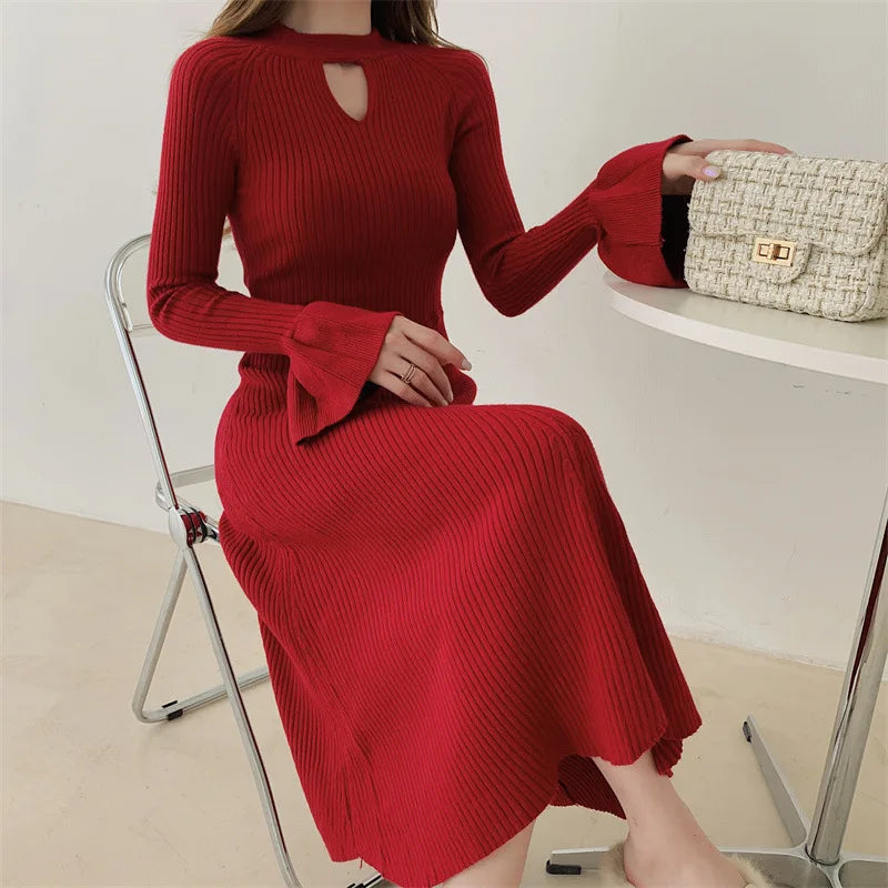Elegant V-Neck Knitted Dress Slimming Long Skirt High Waist Bell Sleeve Unique Design Autumn Winter Women's Fashion Dress