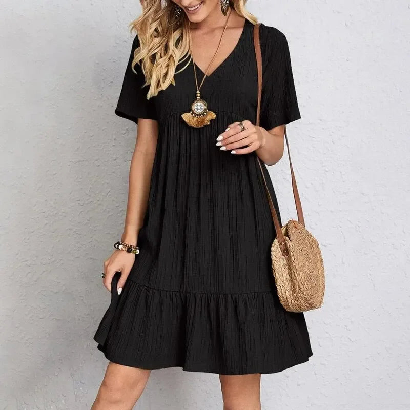Women  Peplum Dresses Spring V-Neck Short Sleeve Loose Waist Ruffle Fit Flare Vocation Dresses