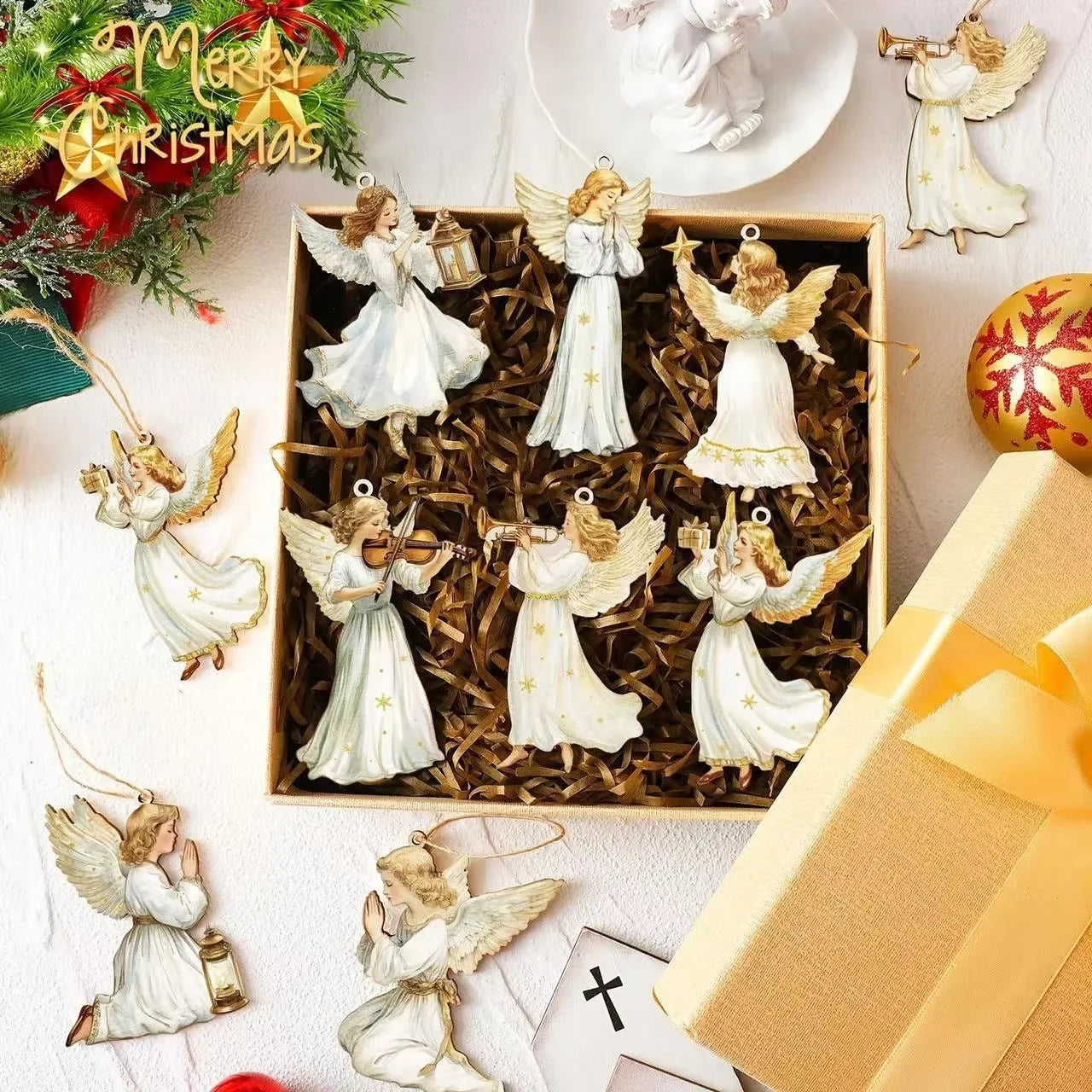 Christmas Retro Angel Girl Wooden Flat Pendants Xmas Tree Hanging Ornaments