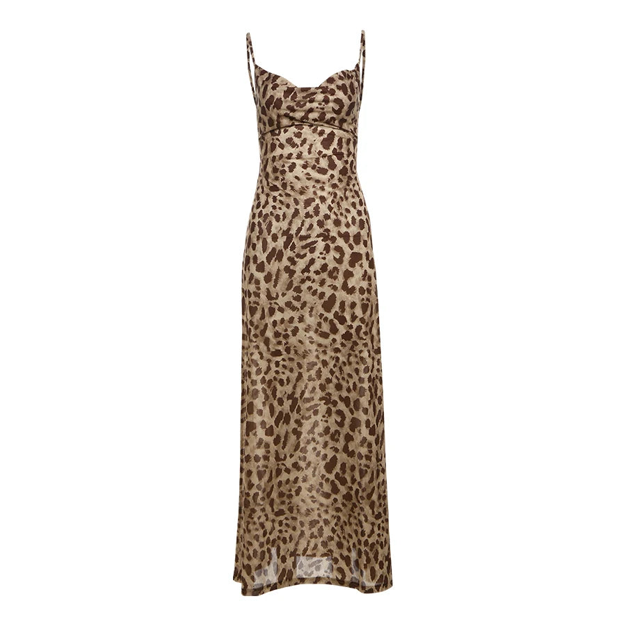 Weird Puss Leopard Print Dress Woman Summer Sexy Swing Collar Spaghetti Straps Backless Ruffles Party Clubwear Skinny