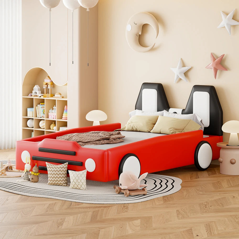 Twin Size Race Car Bed for Kids,PU Car-Shaped Bedframe with Wheels and Side Rails,Wood Slat Support,No Box Spring Needed,Red