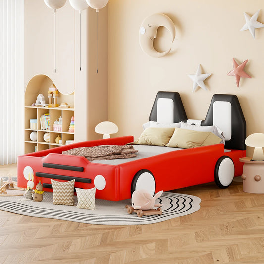 Twin Size Race Car Bed for Kids,PU Car-Shaped Bedframe with Wheels and Side Rails,Wood Slat Support,No Box Spring Needed,Red